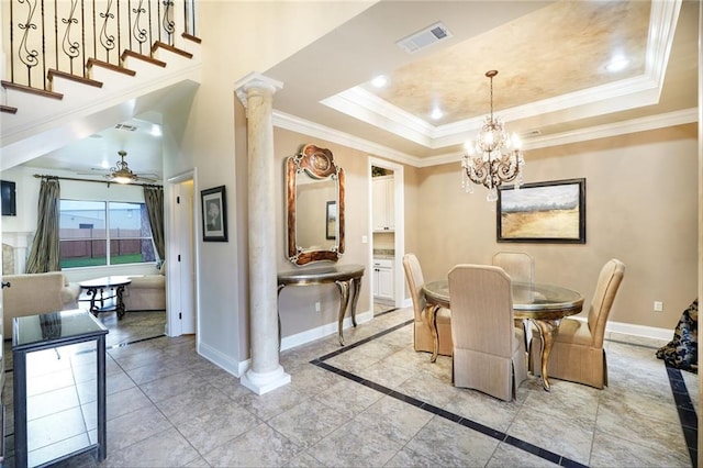 601 Ferriday Ct, Harahan, LA 70123 - dining space featuring a chandelier, crown molding, a raised ceiling, stairway, and a ceiling fan