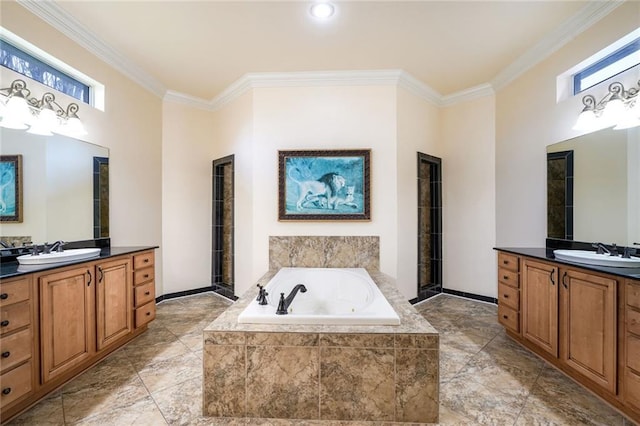 601 Ferriday Ct, Harahan, LA 70123 - full bathroom featuring ornamental molding, two vanities, a bath, and a shower