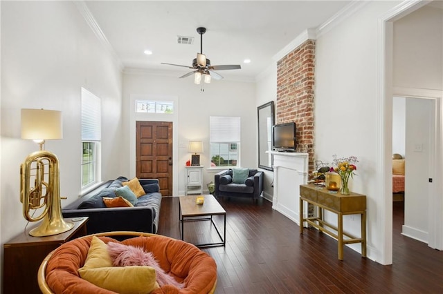 1131 N Roman St, New Orleans, LA 70116 - living room with a ceiling fan, wood finished floors, ornamental molding, recessed lighting, and a towering ceiling
