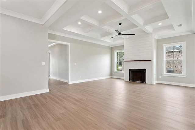 72701 Robindale Dr, Covington, LA 70435 - unfurnished living room with healthy amount of natural light, ceiling fan, coffered ceiling, beamed ceiling, and light wood finished floors