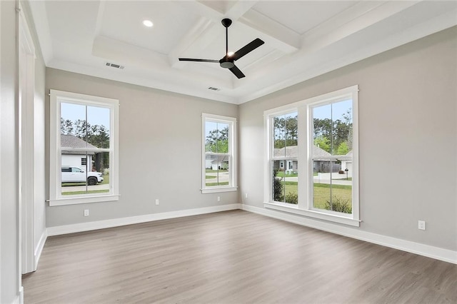 72701 Robindale Dr, Covington, LA 70435 - empty room featuring coffered ceiling, a ceiling fan, wood finished floors, beam ceiling, and recessed lighting