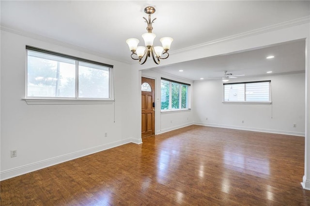 5538 Bellaire Dr, New Orleans, LA 70124 - unfurnished room featuring wood finished floors, a chandelier, ornamental molding, recessed lighting, and a ceiling fan