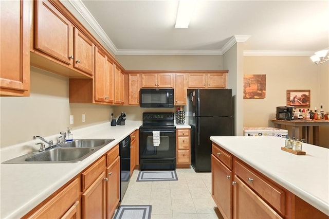 5191 Arlington Ct, Baton Rouge, LA 70820 - kitchen with black appliances, crown molding, light countertops, light tile patterned floors, and brown cabinets