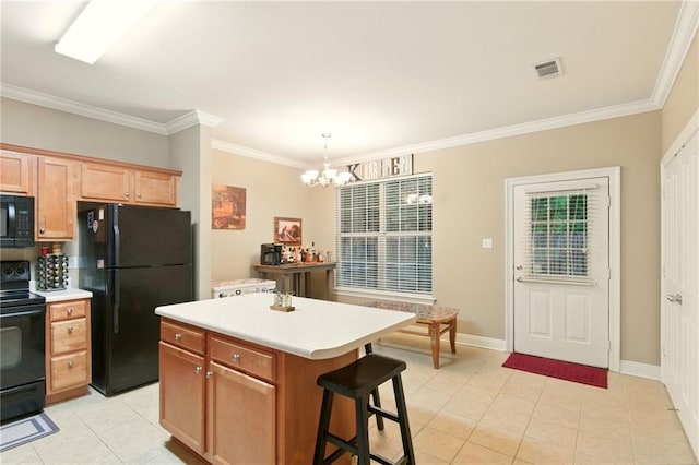 5191 Arlington Ct, Baton Rouge, LA 70820 - kitchen featuring black appliances, a chandelier, light tile patterned floors, ornamental molding, and light countertops