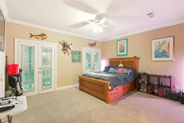 5191 Arlington Ct, Baton Rouge, LA 70820 - carpeted bedroom with french doors, access to exterior, crown molding, and ceiling fan