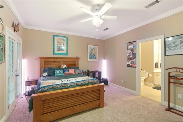 5191 Arlington Ct, Baton Rouge, LA 70820 - carpeted bedroom featuring ornamental molding, connected bathroom, and a ceiling fan