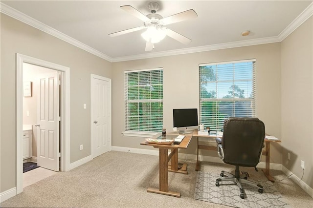 5191 Arlington Ct, Baton Rouge, LA 70820 - office area with crown molding, carpet flooring, and ceiling fan