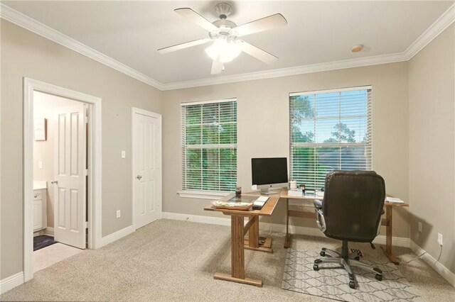 5191 Arlington Ct, Baton Rouge, LA 70820 - office area with crown molding, carpet flooring, and ceiling fan