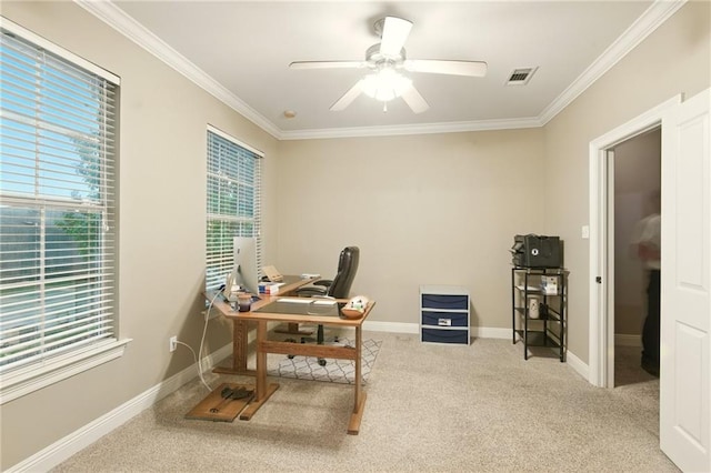 5191 Arlington Ct, Baton Rouge, LA 70820 - office area with crown molding, ceiling fan, and carpet flooring