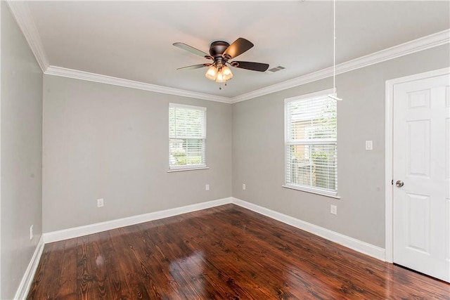 4108 Rayne Dr, New Orleans, LA 70122 - empty room with healthy amount of natural light, crown molding, dark wood-style floors, and ceiling fan