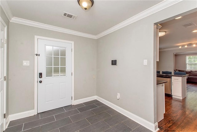 4108 Rayne Dr, New Orleans, LA 70122 - doorway with ornamental molding and dark wood-type flooring