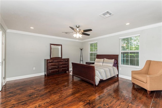 4108 Rayne Dr, New Orleans, LA 70122 - bedroom featuring hardwood / wood-style floors, multiple windows, ornamental molding, a ceiling fan, and recessed lighting