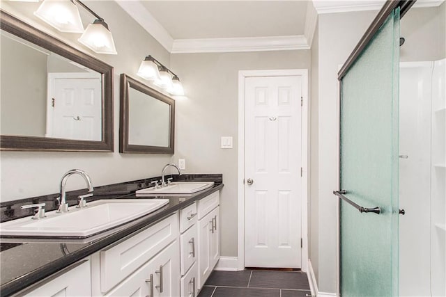4108 Rayne Dr, New Orleans, LA 70122 - bathroom with double vanity, crown molding, a shower stall, and tile patterned flooring