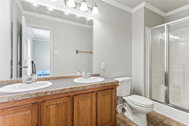 24092 Chef Menteur Hwy, New Orleans, LA 70129 - bathroom with a shower stall, double vanity, ornamental molding, tile patterned floors, and a textured wall