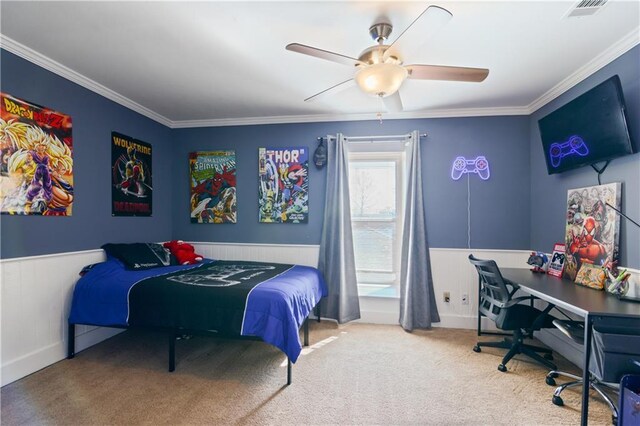 233 Penfold Pl, Harahan, LA 70123 - carpeted bedroom with a wainscoted wall, crown molding, a ceiling fan, and a desk
