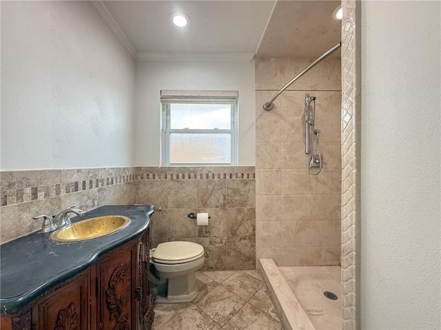 1904 Hall Ave, Metairie, LA 70003 - full bath with vanity, tile patterned floors, ornamental molding, a tile shower, and tile walls