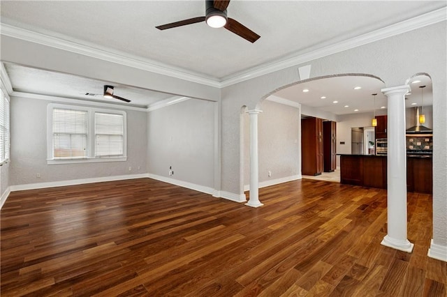 4752 Demontluzin St, New Orleans, LA 70122 - unfurnished living room with ornate columns, a ceiling fan, arched walkways, dark wood-style floors, and crown molding