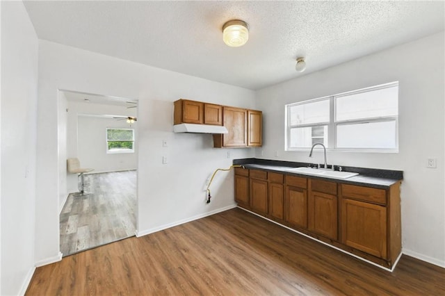 4601 Reynes St, New Orleans, LA 70126 - kitchen with under cabinet range hood, brown cabinets, dark wood-style floors, a textured ceiling, and ceiling fan
