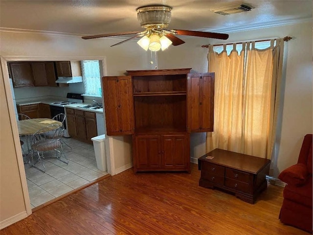 121 Sigma St, Belle Chasse, LA 70037 - kitchen with white range with electric cooktop, ceiling fan, under cabinet range hood, light wood finished floors, and ornamental molding