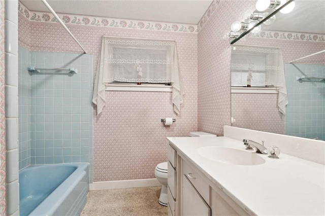 508 Beverly Garden Dr, Metairie, LA 70005 - bathroom with wallpapered walls, vanity, and shower / tub combo
