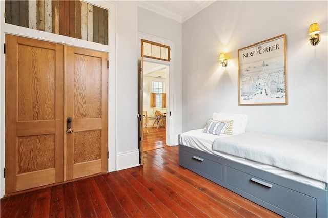 422 Alix St, New Orleans, LA 70114 - bedroom with ornamental molding and dark wood-type flooring