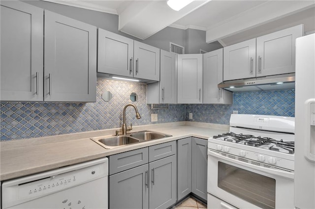 7 Albert Ct, Metairie, LA 70003 - kitchen with white appliances, under cabinet range hood, gray cabinets, ornamental molding, and light countertops