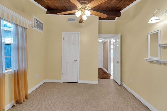 7 Albert Ct, Metairie, LA 70003 - unfurnished bedroom featuring a wood ceiling with exposed beams, carpet, crown molding, and a ceiling fan