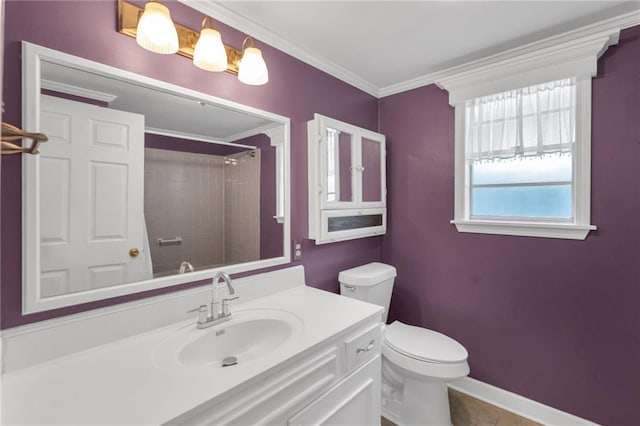 7 Albert Ct, Metairie, LA 70003 - full bathroom featuring vanity, a shower, tile patterned floors, and ornamental molding