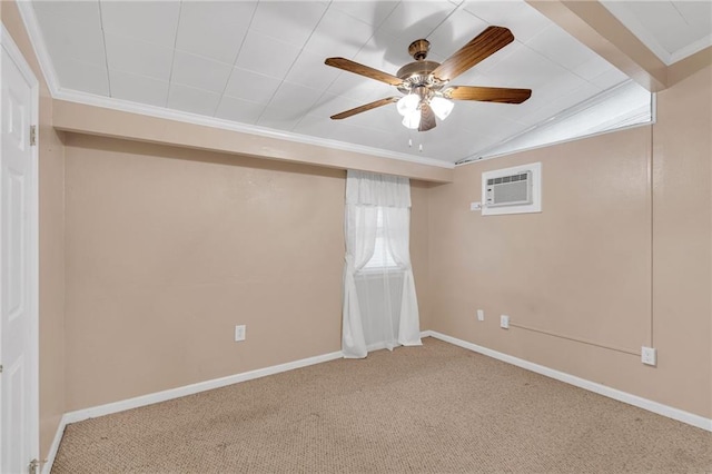 7 Albert Ct, Metairie, LA 70003 - carpeted empty room featuring an AC wall unit, ceiling fan, crown molding, and lofted ceiling
