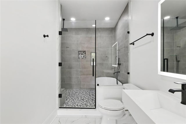 4544 Prairie St, Metairie, LA 70001 - full bath with marble finish flooring, recessed lighting, a shower stall, and vanity