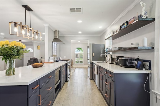 4404 Belle Dr, Metairie, LA 70006 - kitchen with open shelves, wall chimney exhaust hood, electric stove, light countertops, and ornamental molding