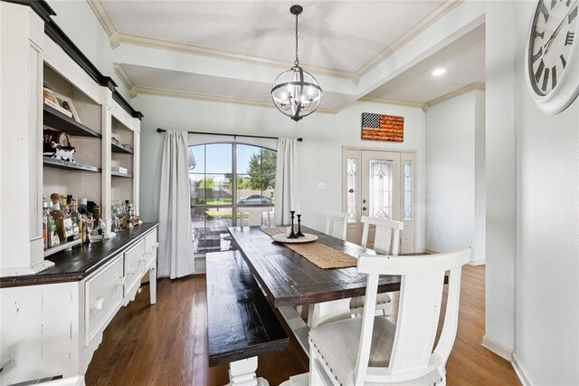 13795 Shady Hollow Dr, Denham Springs, LA 70726 - dining area featuring crown molding, dark wood-type flooring, a chandelier, and recessed lighting