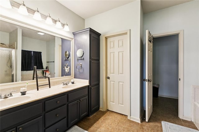 13795 Shady Hollow Dr, Denham Springs, LA 70726 - bathroom with a stall shower, tile patterned floors, and double vanity