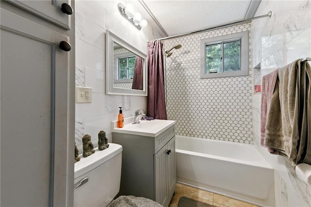 1500 Shirley Dr, New Orleans, LA 70114 - full bathroom featuring shower / tub combo with curtain, vanity, and a textured ceiling