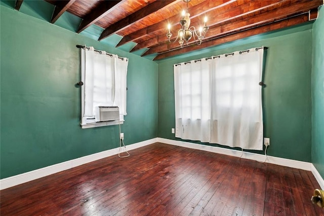 1117 Perry St, Gretna, LA 70053 - spare room featuring wood-type flooring, a chandelier, a wooden ceiling with exposed beams, and cooling unit