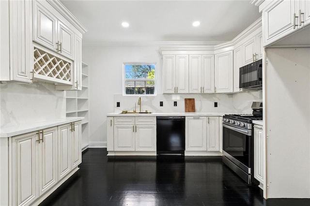 1314 Adams St, New Orleans, LA 70118 - kitchen featuring black appliances, white cabinets, light countertops, open shelves, and dark wood-style flooring