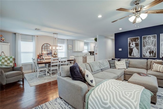 1112 Compromise St, Kenner, LA 70062 - living area with dark wood finished floors, a ceiling fan, and recessed lighting
