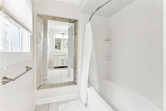 917 Joliet St, New Orleans, LA 70118 - bathroom with tile patterned floors, shower / bath combination with curtain, and vanity