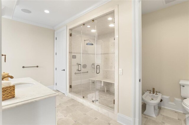 625 St Charles Ave Phd, Phd, New Orleans, LA 70130 - full bath featuring a bidet, a shower stall, recessed lighting, crown molding, and vanity