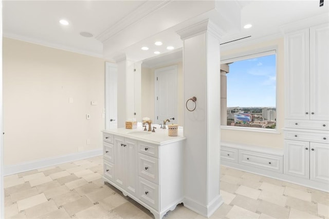 625 St Charles Ave Phd, Phd, New Orleans, LA 70130 - bathroom with vanity, tile patterned floors, crown molding, and recessed lighting