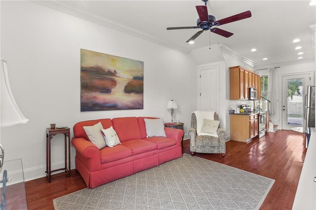 1210 Lyons St Unit 1210, New Orleans, LA 70115 - living area with crown molding, wood finished floors, a ceiling fan, and recessed lighting