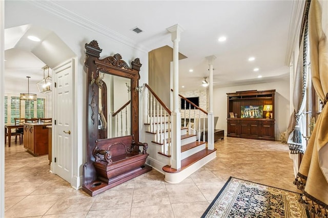 4917 Lake Vista Dr, Metairie, LA 70006 - entryway featuring stairway, ornamental molding, ceiling fan, recessed lighting, and light tile patterned flooring