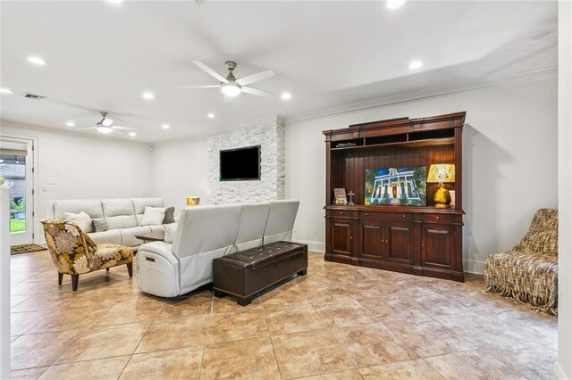 4917 Lake Vista Dr, Metairie, LA 70006 - living room featuring ornamental molding, ceiling fan, and recessed lighting