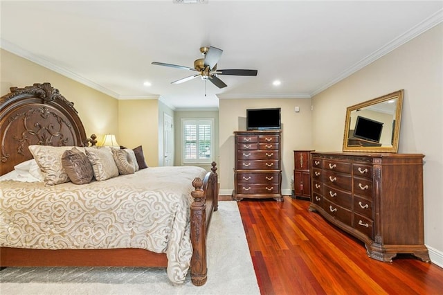 4917 Lake Vista Dr, Metairie, LA 70006 - bedroom with dark wood-style flooring, recessed lighting, crown molding, and a ceiling fan