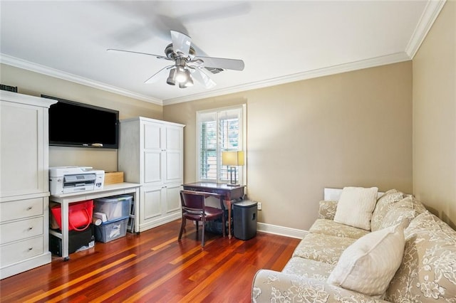 4917 Lake Vista Dr, Metairie, LA 70006 - home office with ornamental molding, wood finished floors, and ceiling fan