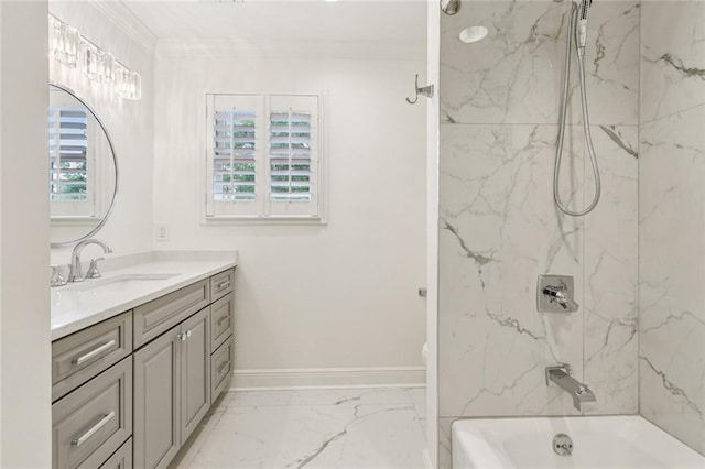 4917 Lake Vista Dr, Metairie, LA 70006 - full bathroom with vanity, marble finish floors, shower / bathtub combination, and crown molding