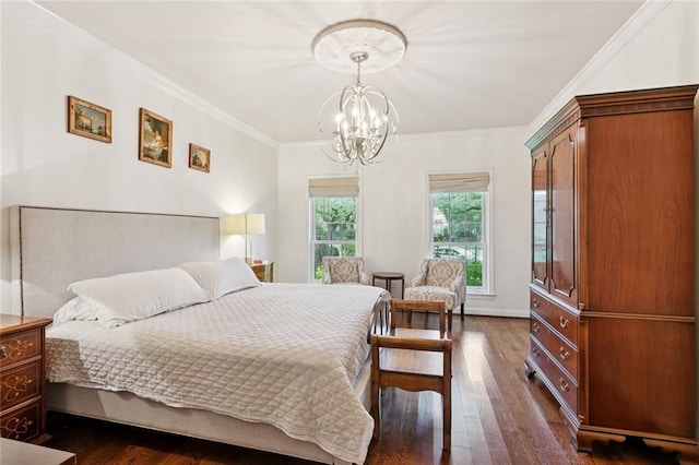 5018 St Charles Ave, New Orleans, LA 70115 - bedroom with dark wood-style floors, a chandelier, and ornamental molding
