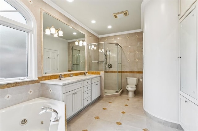 5018 St Charles Ave, New Orleans, LA 70115 - full bathroom featuring tile patterned floors, a stall shower, a jetted tub, double vanity, and crown molding