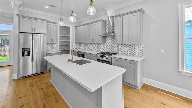 1908 Benjamin St, Arabi, LA 70032 - kitchen with stainless steel appliances, gray cabinetry, wall chimney exhaust hood, plenty of natural light, and ornamental molding