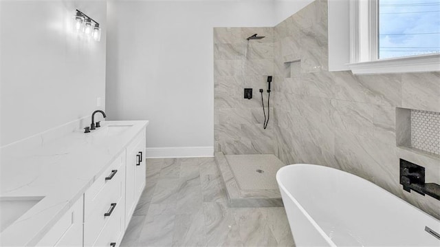1908 Benjamin St, Arabi, LA 70032 - bathroom with a soaking tub, a tile shower, marble finish flooring, and vanity